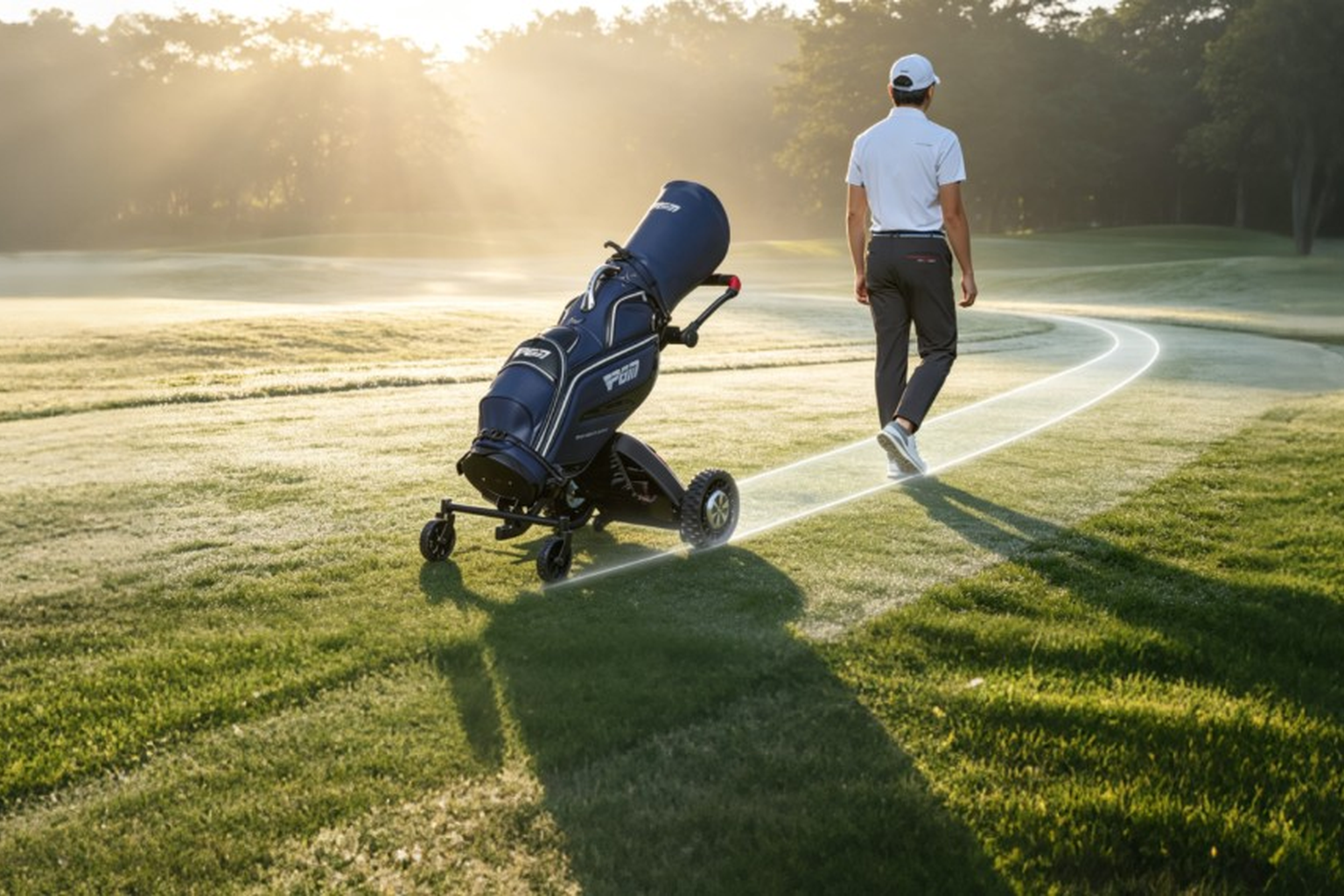 Golf bag cart following on fairway