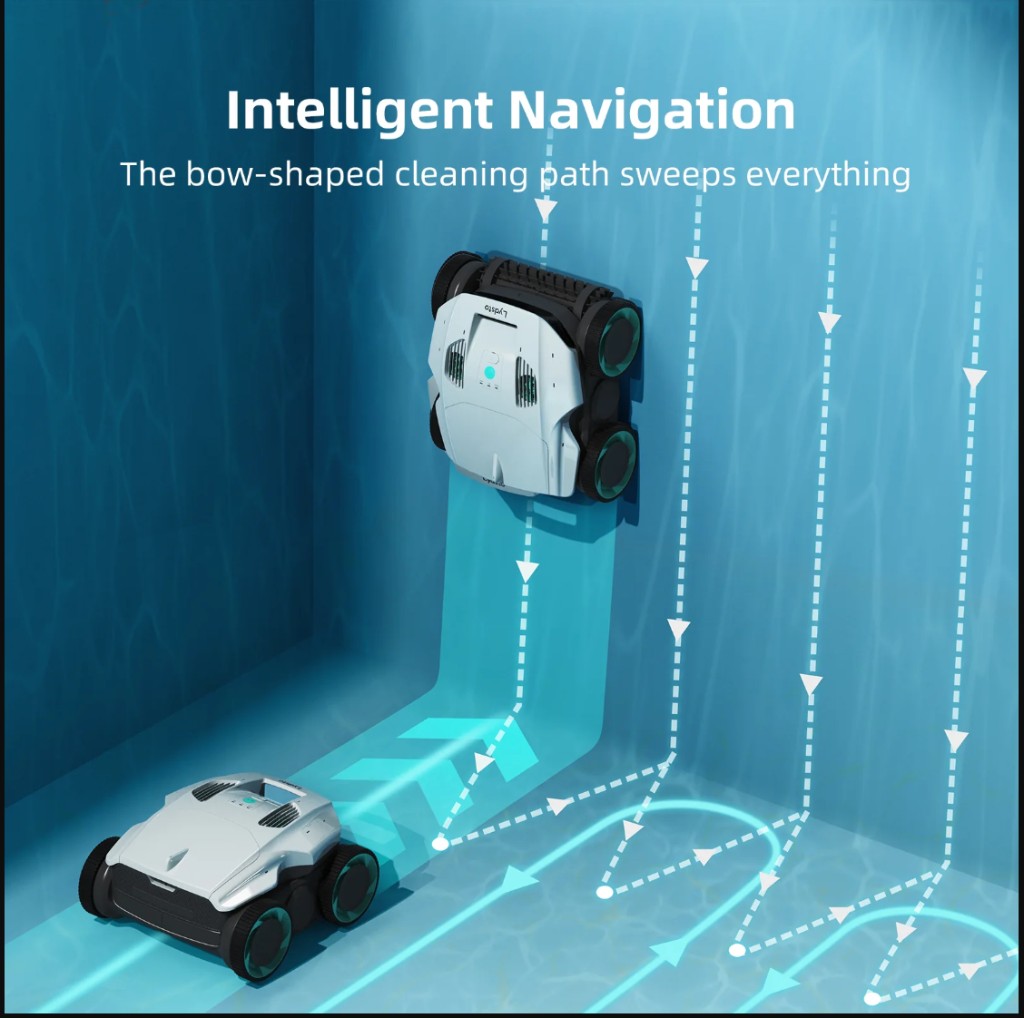 Bow-shaped pool robot coverage path on floors and walls