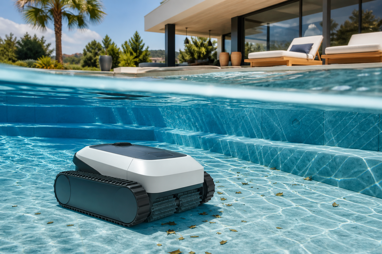 Wireless pool robot in family backyard pool