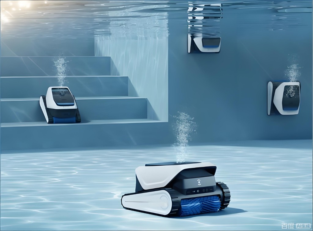 Pool robot navigating the floor, wall, steps, and waterline