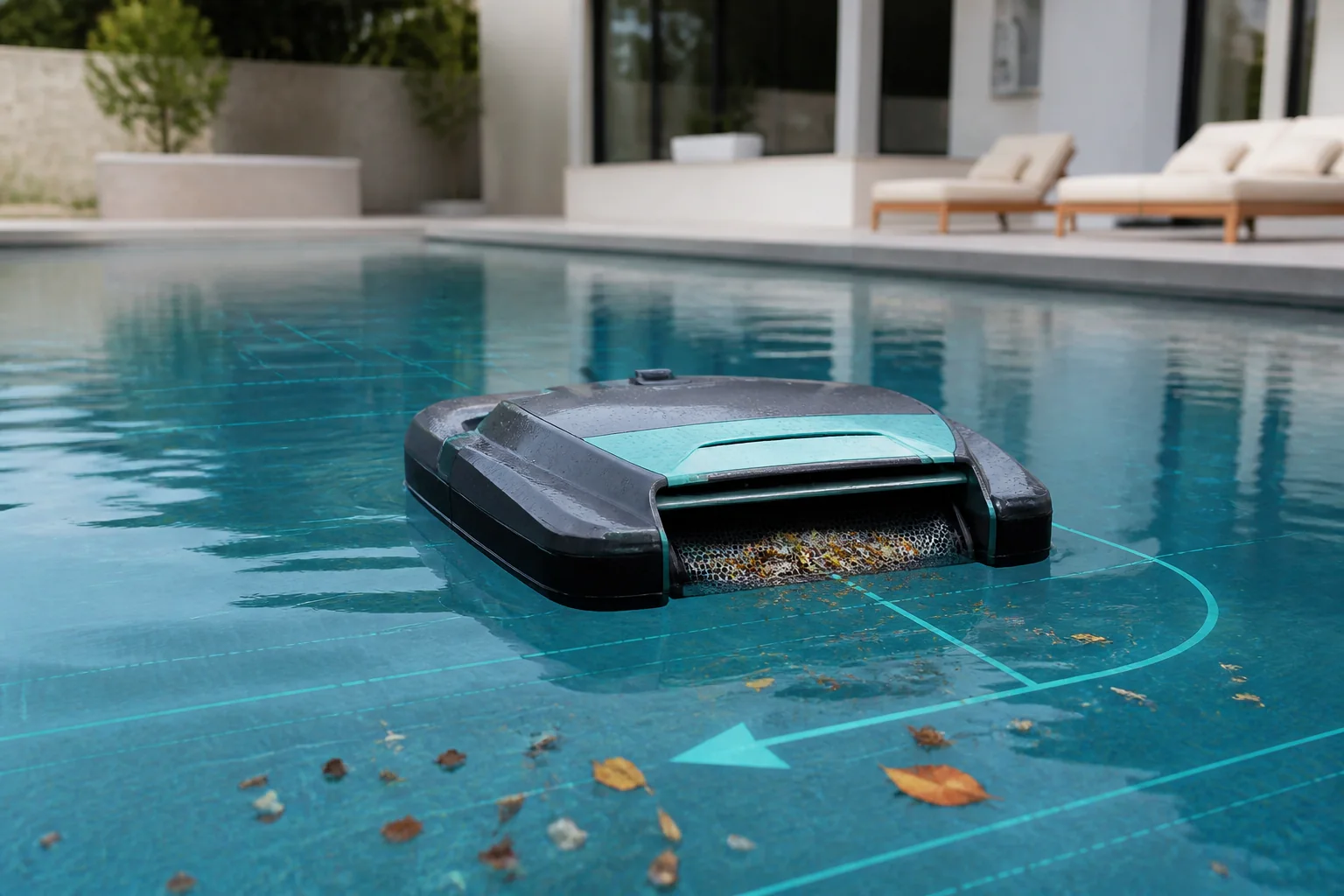 Autonomous surface pool cleaning robot collecting floating leaves